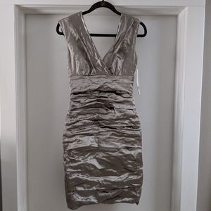 Nicole Miller Silver-Taupe Ruched Mini Dress. Flattering and forgiving fit. NWT